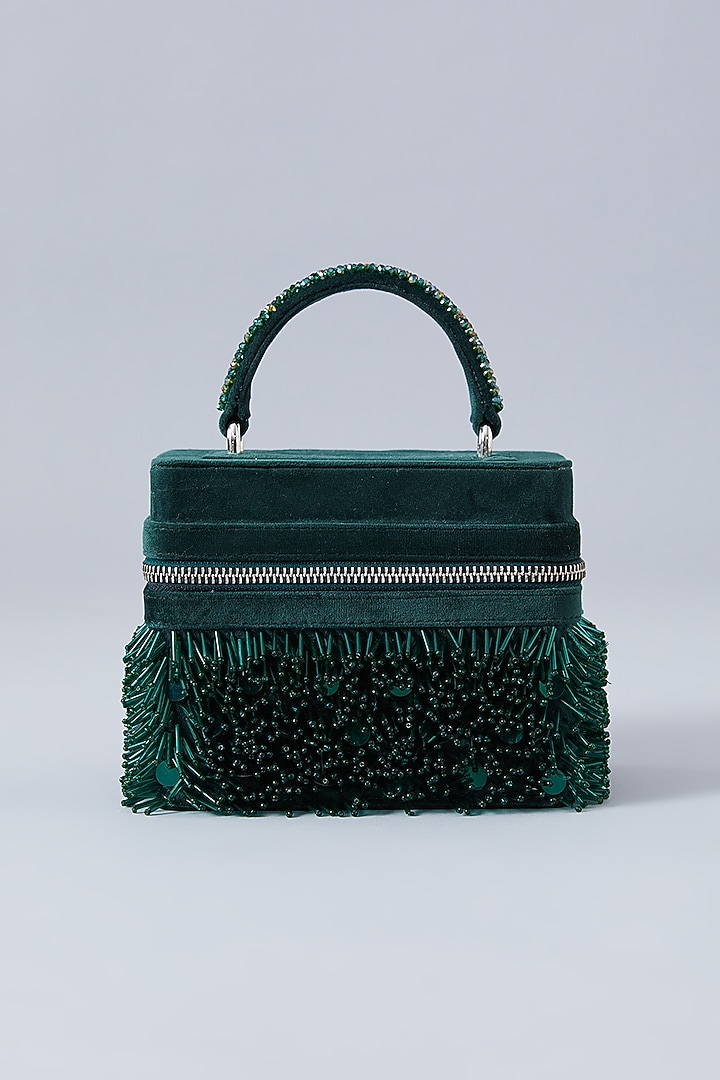 Emerald Green Suede Embroidered Handbag by Aanchal Sayal at Pernia's Pop Up Shop