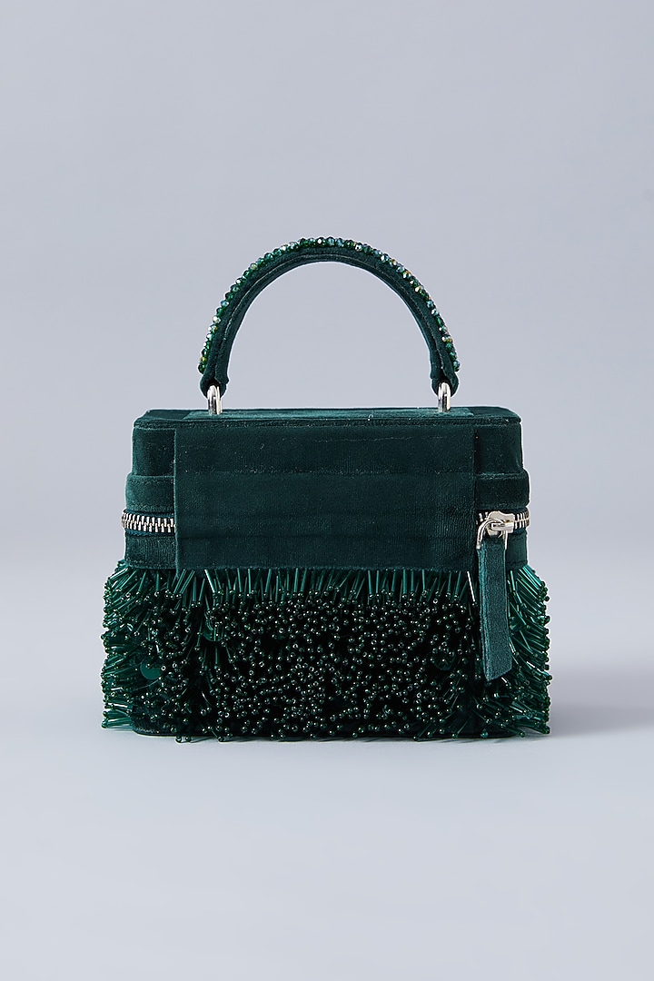 Emerald Green Suede Embroidered Handbag by Aanchal Sayal at Pernia's Pop Up Shop