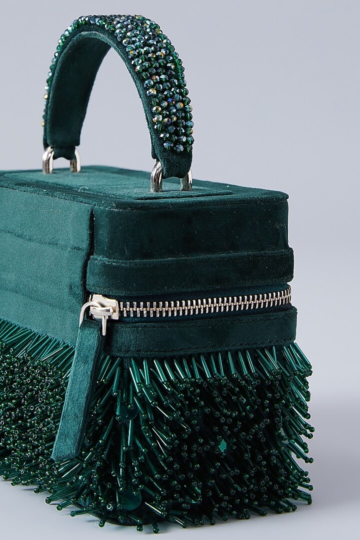 Emerald Green Suede Embroidered Handbag by Aanchal Sayal at Pernia's Pop Up Shop