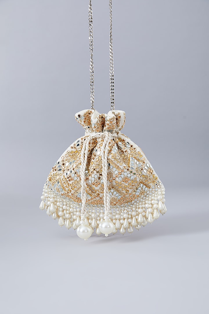 Ivory Velvet Gota & Mirror Work Potli by Aanchal Sayal at Pernia's Pop Up Shop