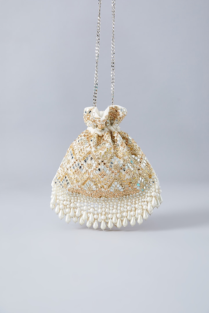 Ivory Velvet Gota & Mirror Work Potli by Aanchal Sayal at Pernia's Pop Up Shop