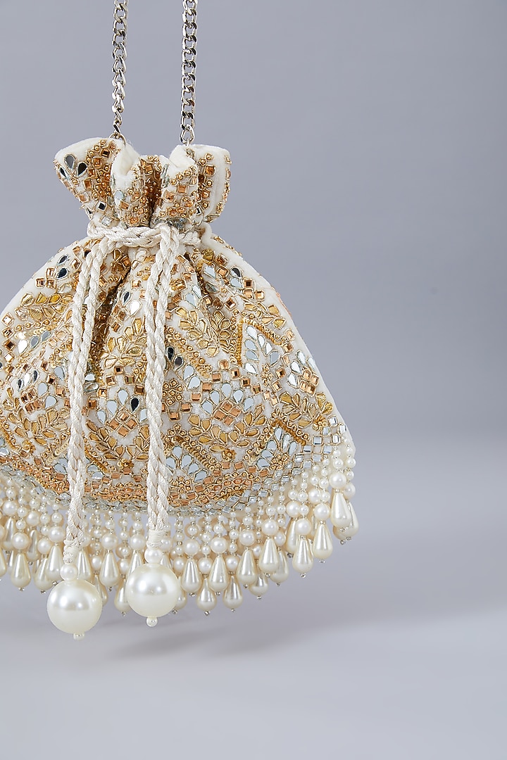Ivory Velvet Gota & Mirror Work Potli by Aanchal Sayal at Pernia's Pop Up Shop