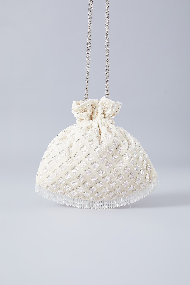 Powder Pink Velvet Pearl Handmade Potli by Aanchal Sayal at Pernia's Pop Up Shop