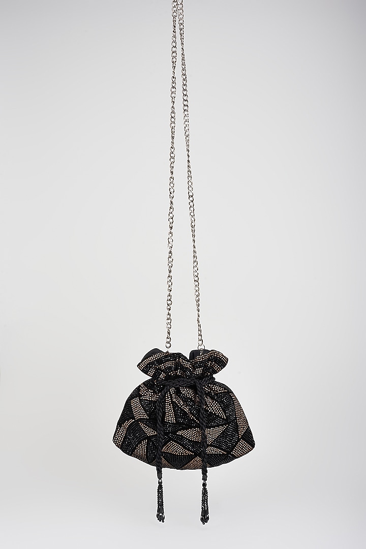 Black & Dull Gold Velvet Beads Embroidered Potli by Aanchal Sayal at Pernia's Pop Up Shop