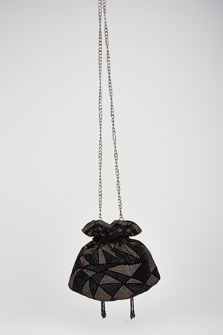 Black & Dull Gold Velvet Beads Embroidered Potli by Aanchal Sayal at Pernia's Pop Up Shop