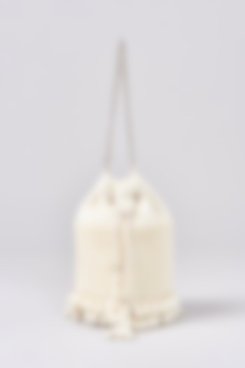 Ivory Velvet Pearl Hand Embroidered Structured Bucket Bag by Aanchal Sayal