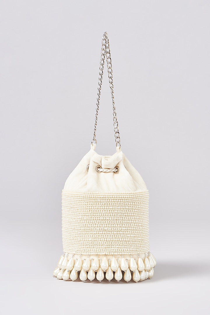 Ivory Velvet Pearl Hand Embroidered Structured Bucket Bag by Aanchal Sayal at Pernia's Pop Up Shop