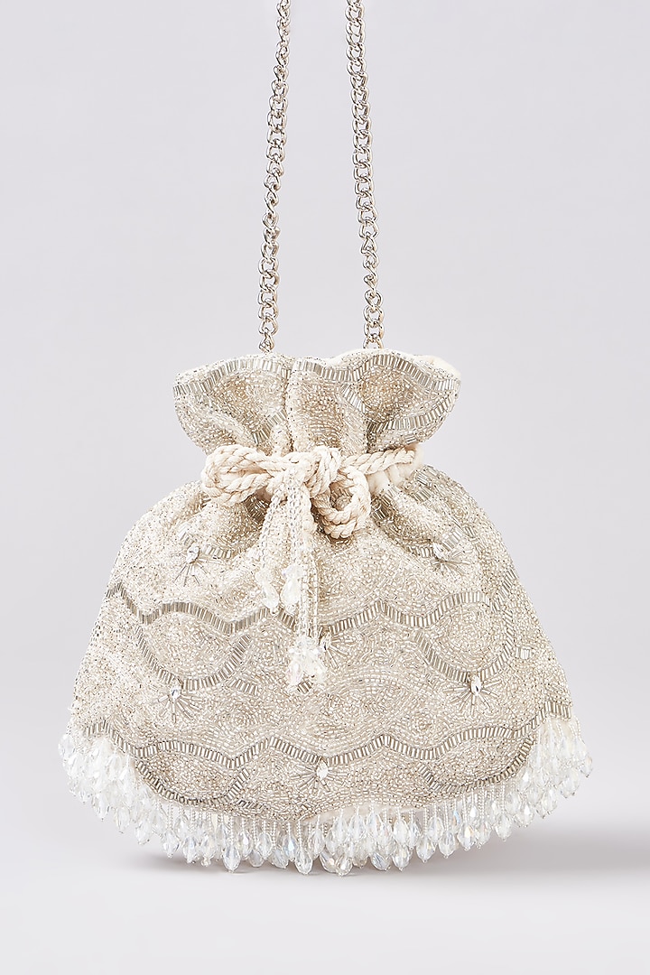 Silver Velvet Cutdana Hand Embroidered Potli by Aanchal Sayal at Pernia's Pop Up Shop