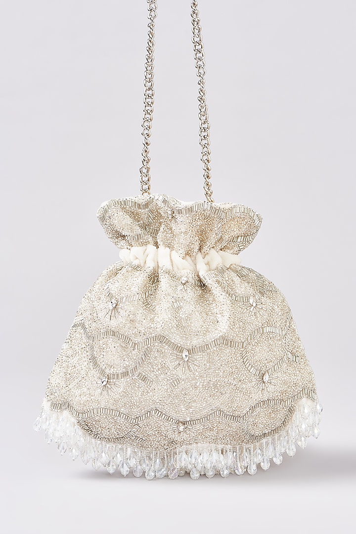 Silver Velvet Cutdana Hand Embroidered Potli by Aanchal Sayal at Pernia's Pop Up Shop