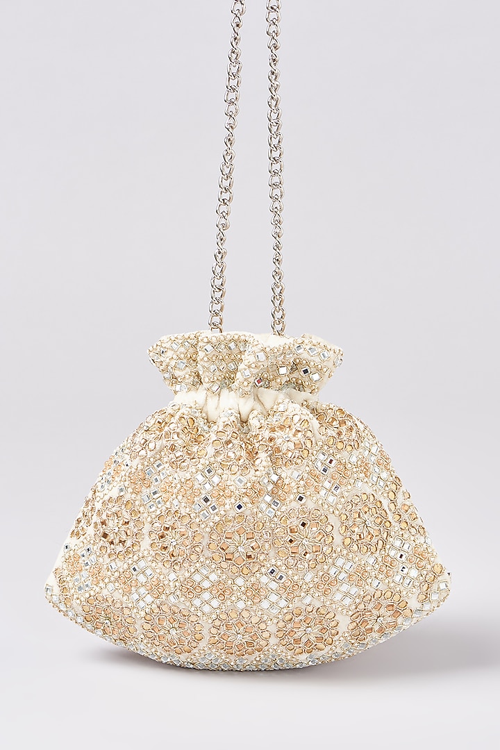 Gold Velvet Zardosi Embellished Potli by Aanchal Sayal at Pernia's Pop Up Shop