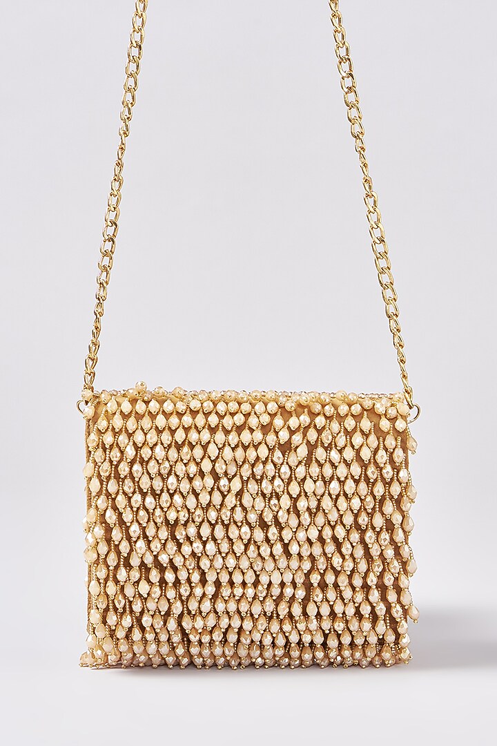 Beige Suede Crystal Embroidered Clutch by Aanchal Sayal at Pernia's Pop Up Shop