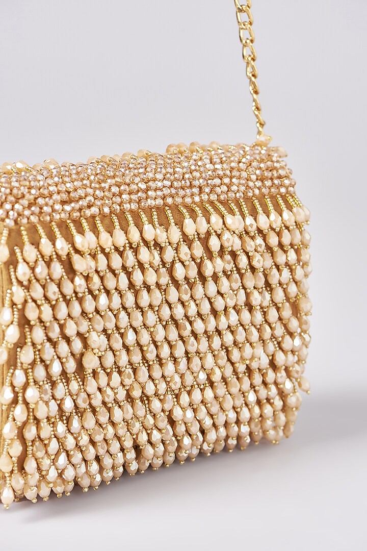 Beige Suede Crystal Embroidered Clutch by Aanchal Sayal at Pernia's Pop Up Shop