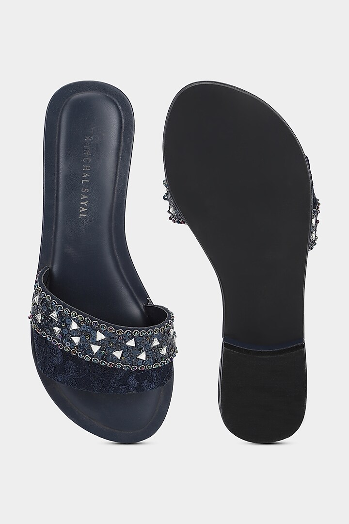 Deep Blue Sequins Sliders by Aanchal Sayal at Pernia's Pop Up Shop