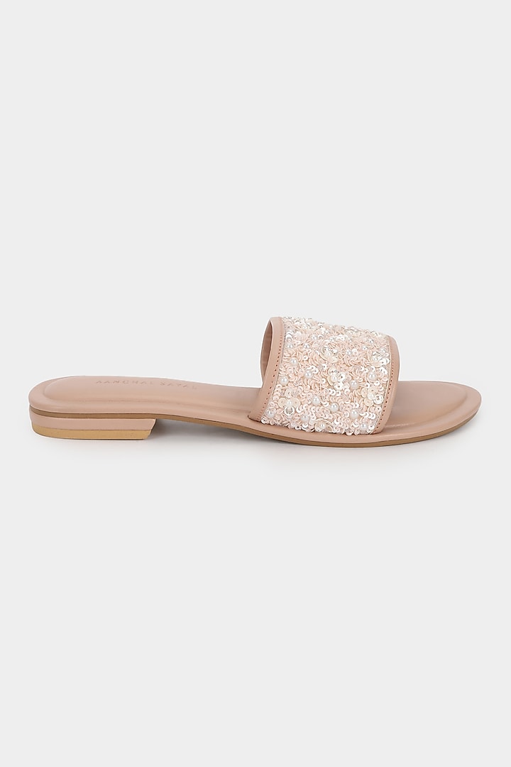 Baby Pink Sequins Sliders by Aanchal Sayal at Pernia's Pop Up Shop