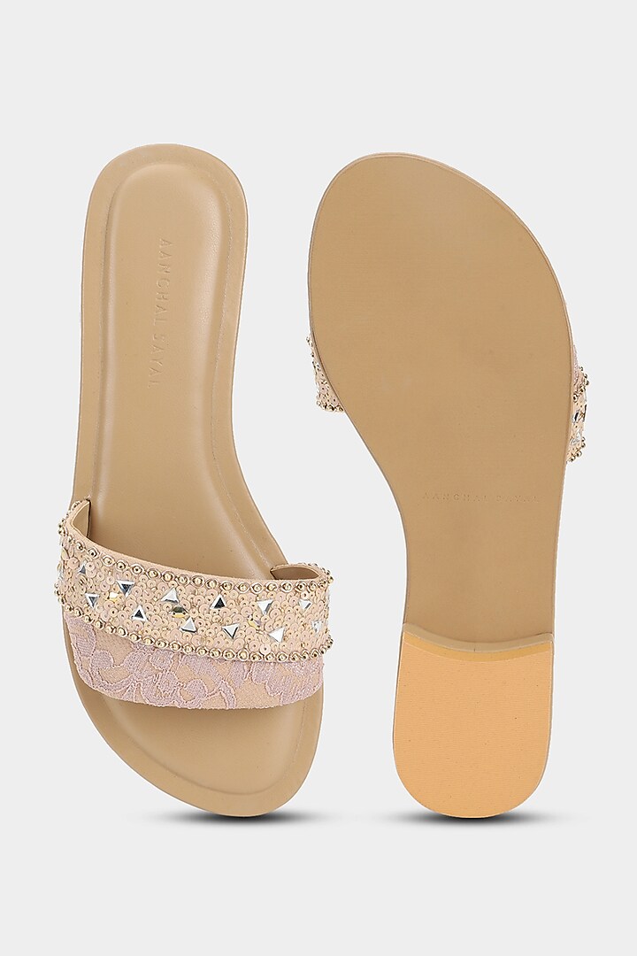 Beige Sequins Sliders by Aanchal Sayal at Pernia's Pop Up Shop