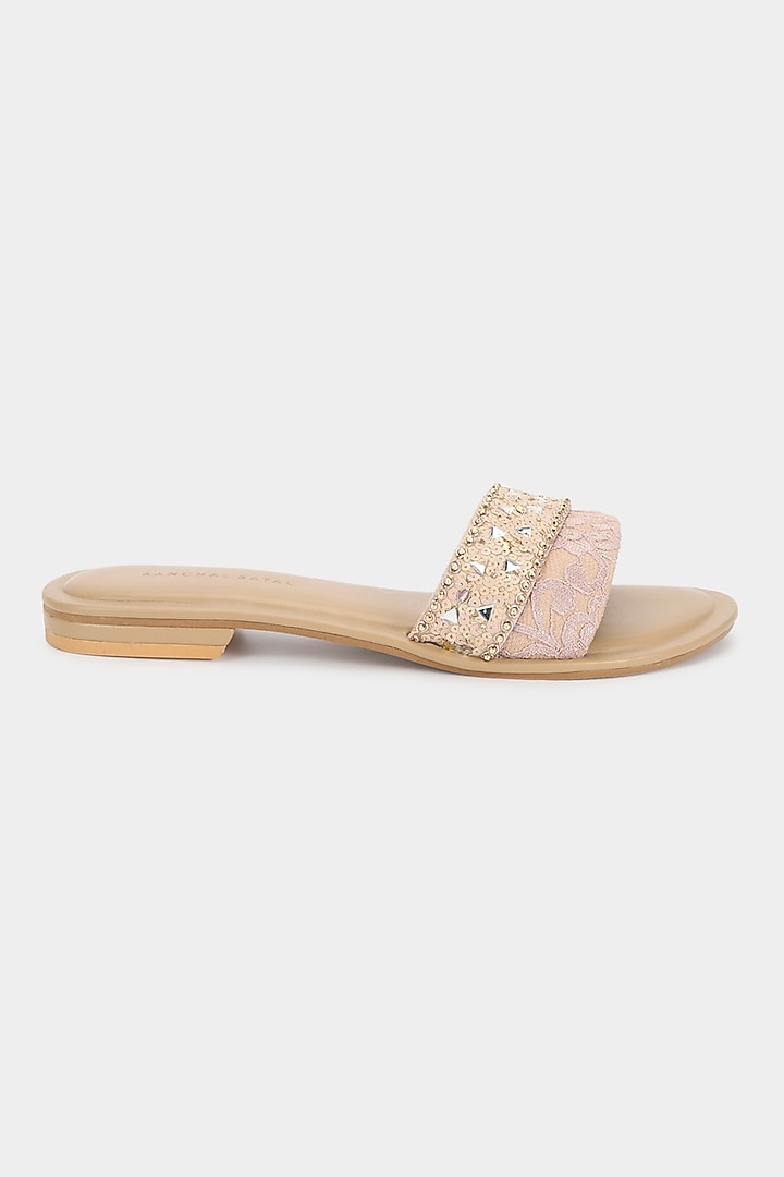 Beige Sequins Sliders by Aanchal Sayal at Pernia's Pop Up Shop