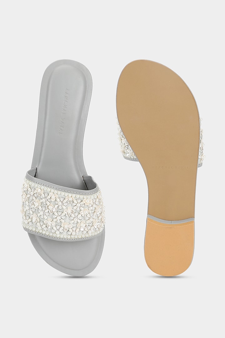 Grey & Ivory Sequins Sliders by Aanchal Sayal at Pernia's Pop Up Shop