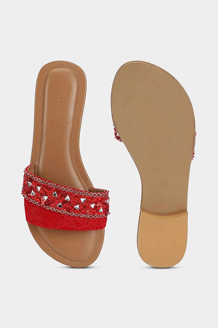 Hot Red Sequins Sliders by Aanchal Sayal at Pernia's Pop Up Shop
