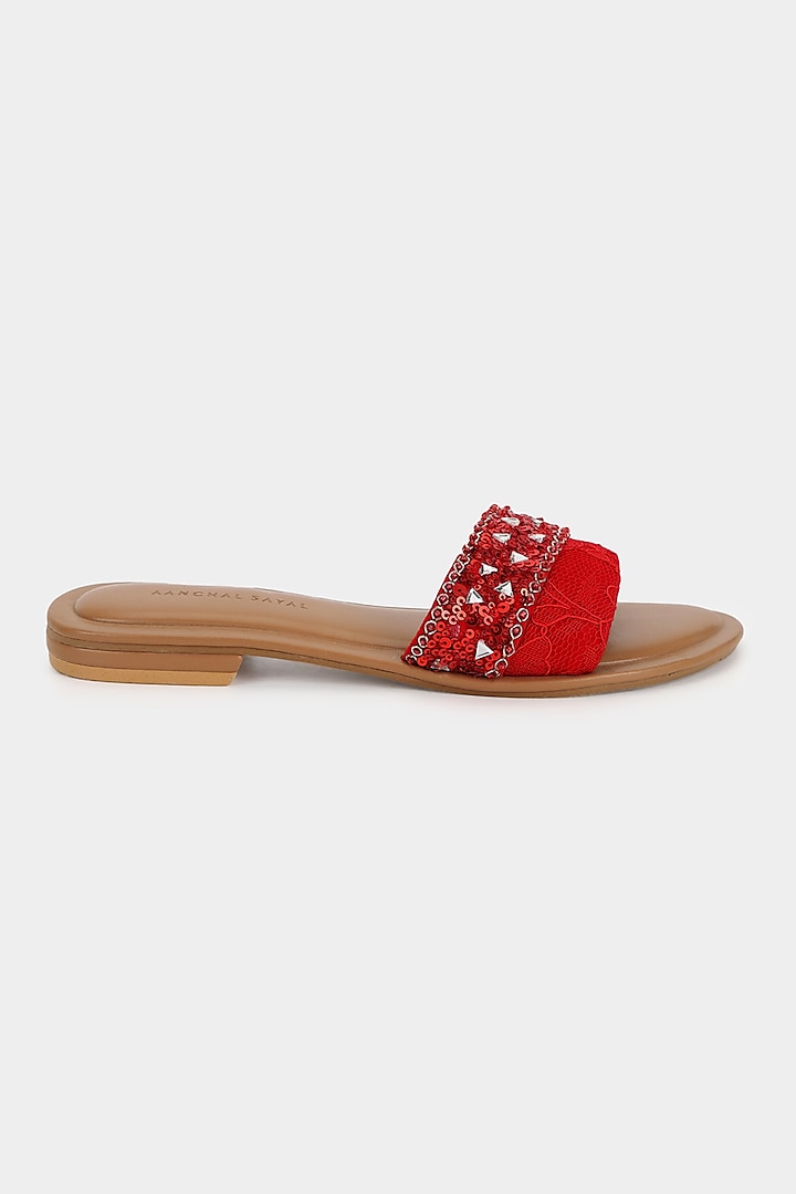 Hot Red Sequins Sliders by Aanchal Sayal at Pernia's Pop Up Shop