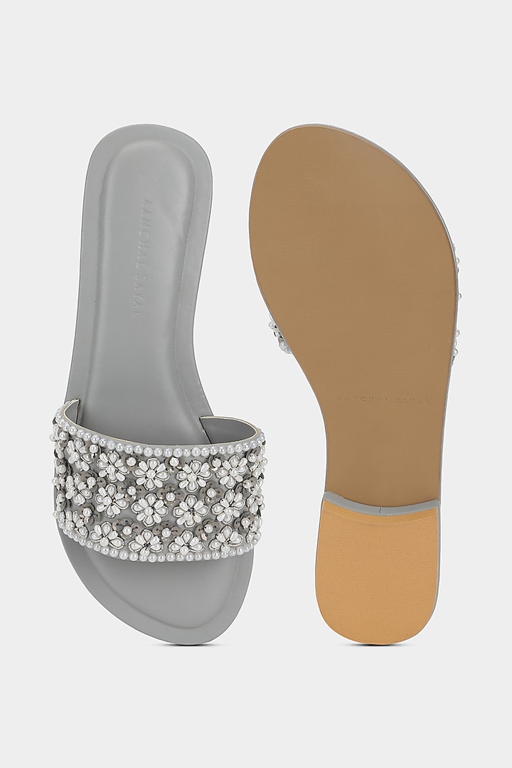 Grey Sliders With Sequins Work by Aanchal Sayal at Pernia's Pop Up Shop