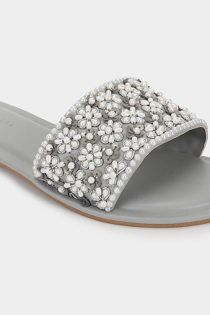 Grey Sliders With Sequins Work by Aanchal Sayal at Pernia's Pop Up Shop