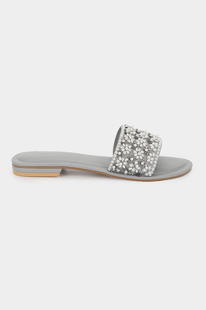 Grey Sliders With Sequins Work by Aanchal Sayal at Pernia's Pop Up Shop