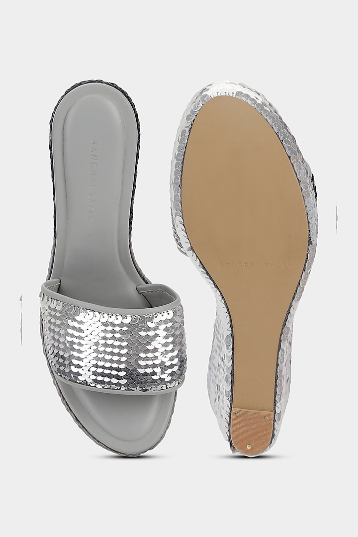 Silver Sequins Wedges by Aanchal Sayal at Pernia's Pop Up Shop