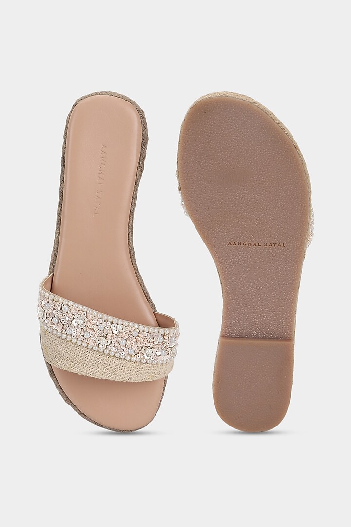Off-White Sequins Sliders by Aanchal Sayal at Pernia's Pop Up Shop