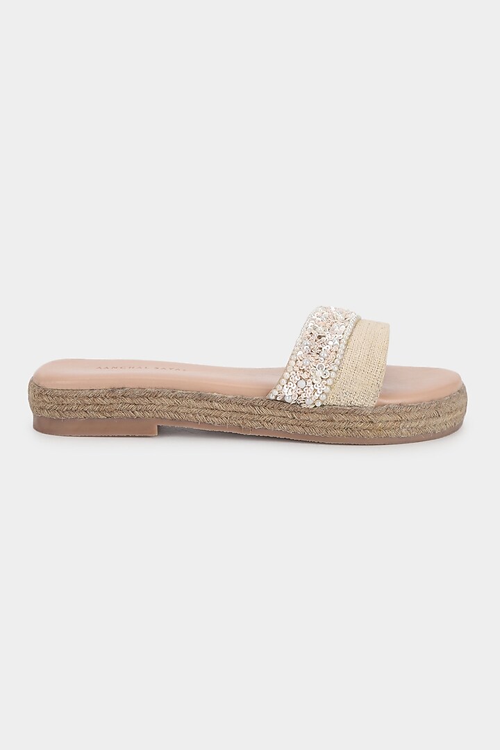 Off-White Sequins Sliders by Aanchal Sayal at Pernia's Pop Up Shop