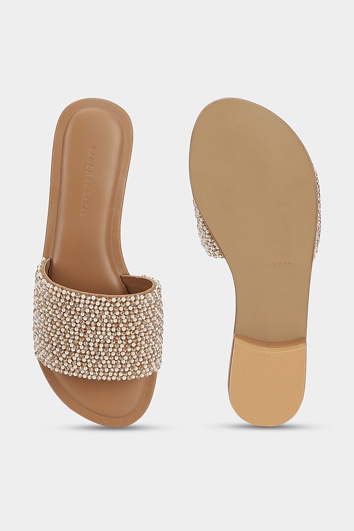 Beige Micro Pearl Sliders by Aanchal Sayal at Pernia's Pop Up Shop