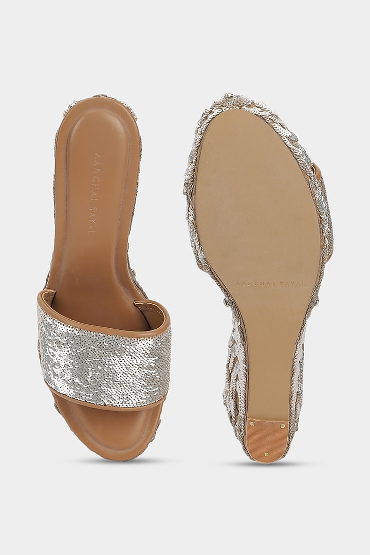 Silver Sequins Wedges by Aanchal Sayal at Pernia's Pop Up Shop