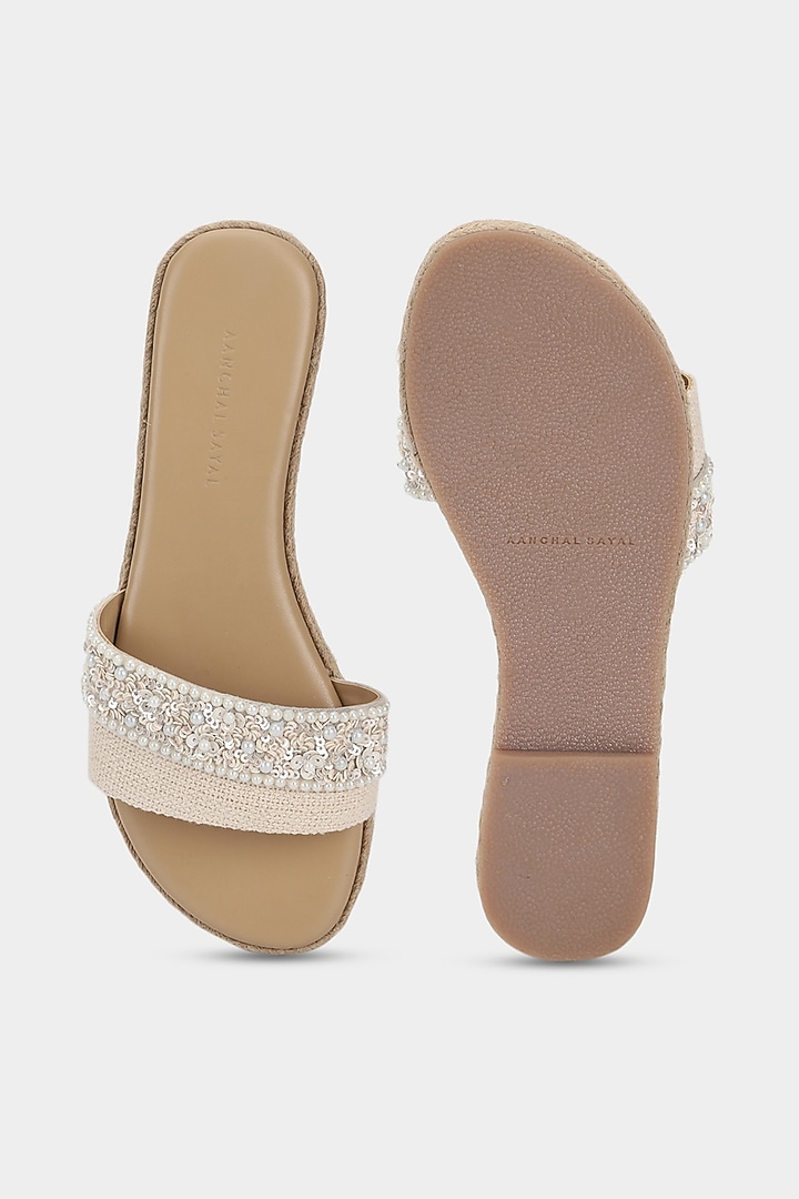Off-White Micro Pearl Sliders by Aanchal Sayal at Pernia's Pop Up Shop