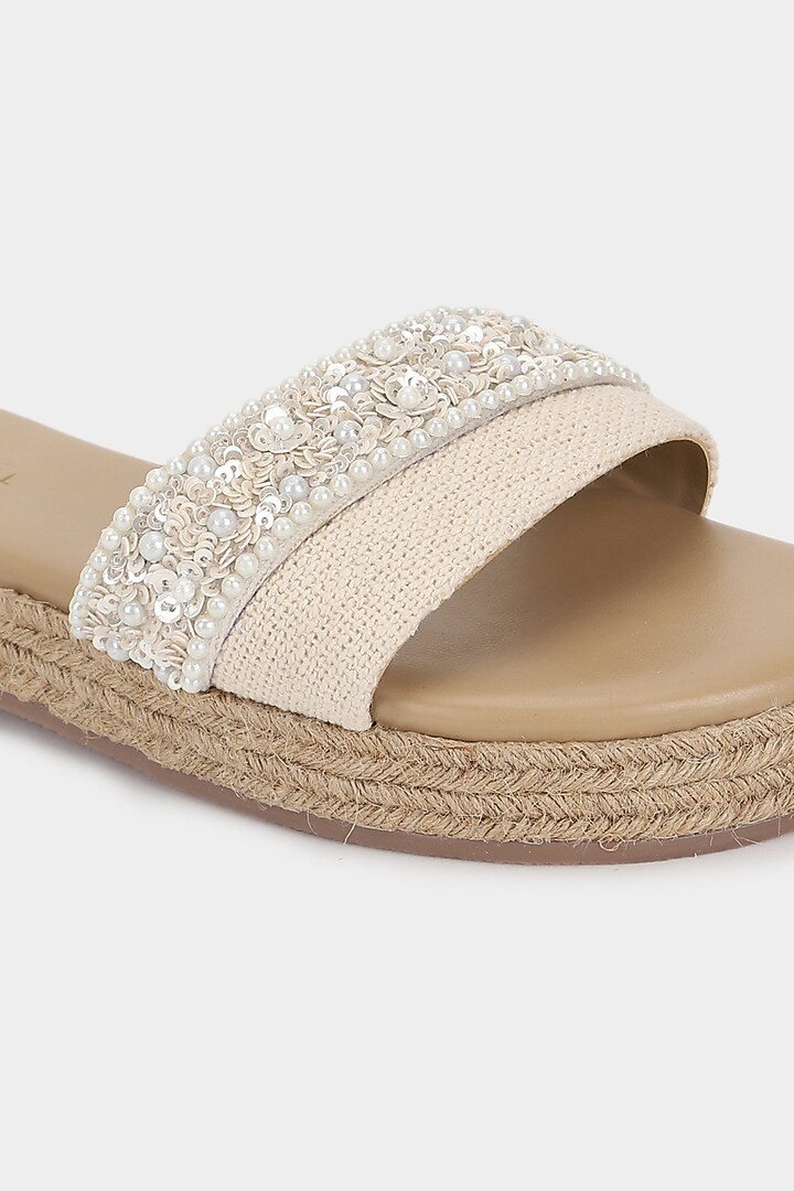 Off-White Micro Pearl Sliders by Aanchal Sayal at Pernia's Pop Up Shop