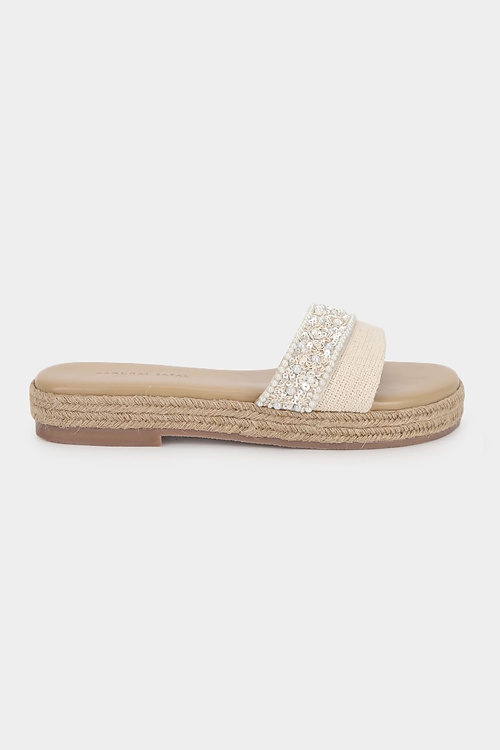 Off-White Micro Pearl Sliders by Aanchal Sayal at Pernia's Pop Up Shop