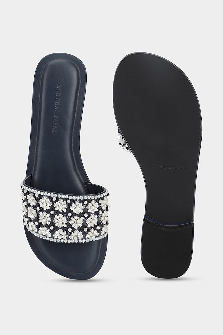Deep Blue Sliders With Micro Pearls by Aanchal Sayal at Pernia's Pop Up Shop