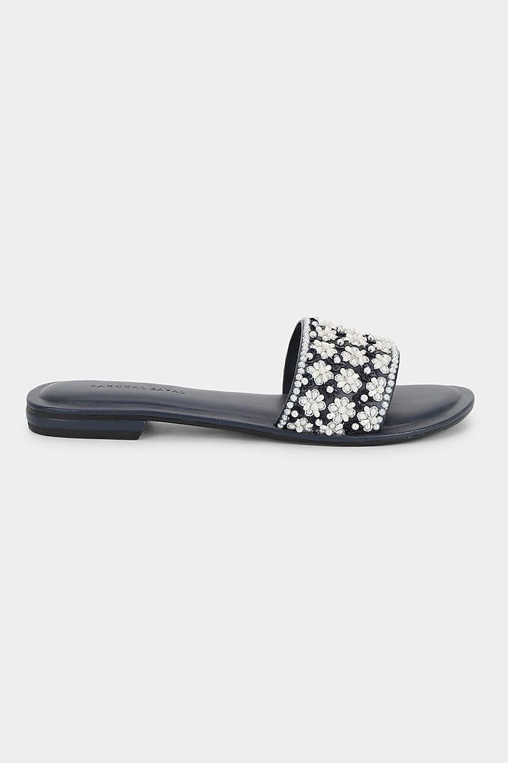 Deep Blue Sliders With Micro Pearls by Aanchal Sayal at Pernia's Pop Up Shop