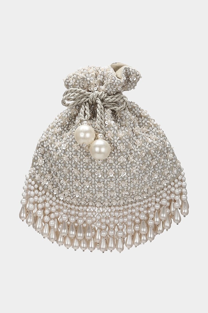 Ivory Velvet Embroidered Potli by Aanchal Sayal at Pernia's Pop Up Shop