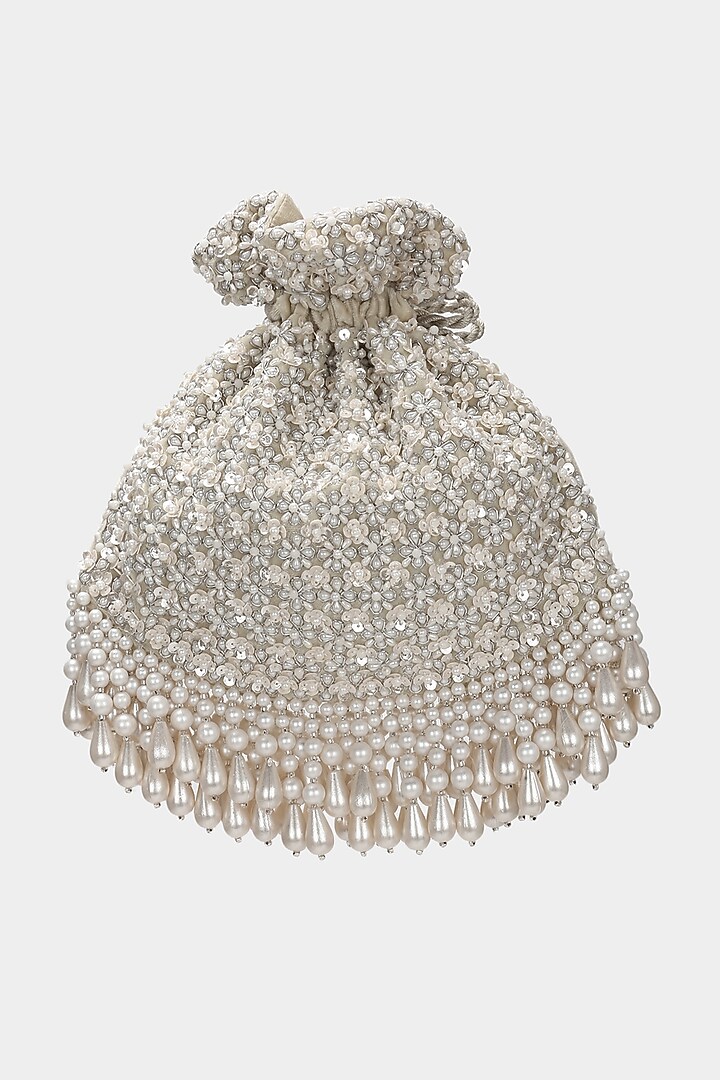 Ivory Velvet Embroidered Potli by Aanchal Sayal at Pernia's Pop Up Shop
