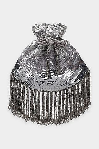 Silver Velvet Embroidered Potli by Aanchal Sayal