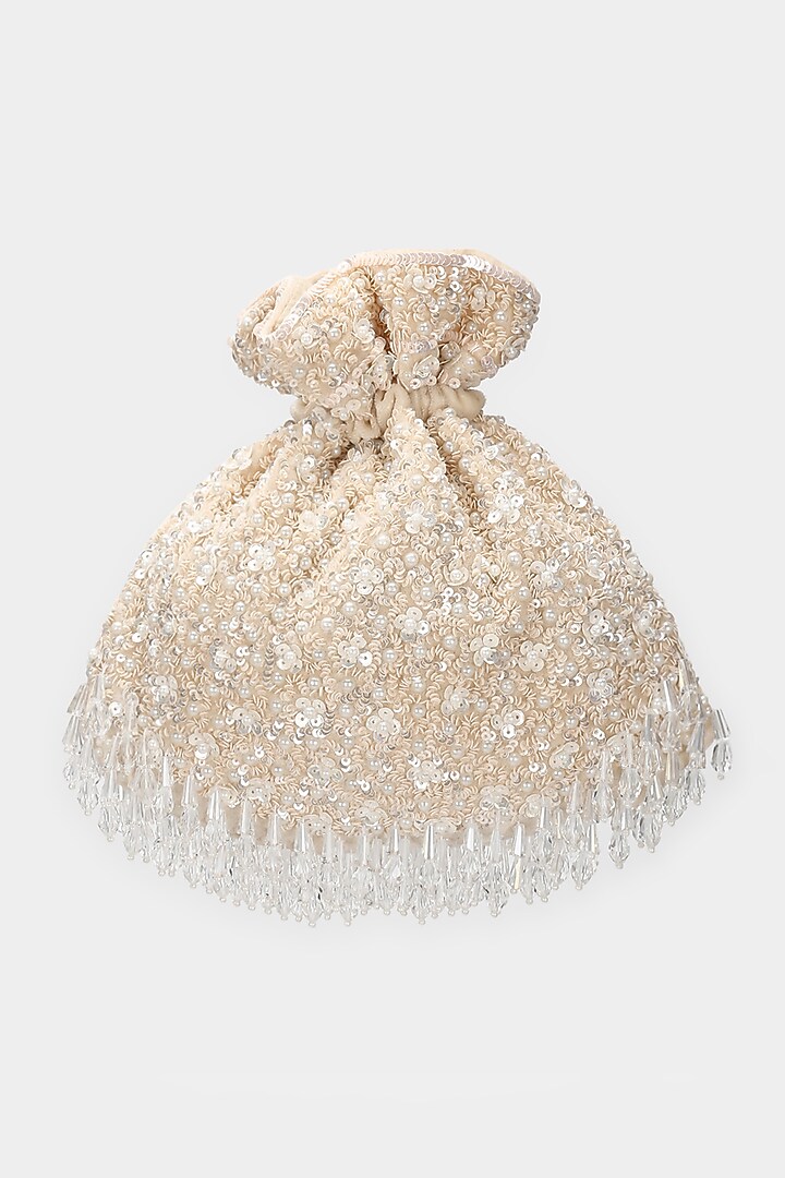 Beige Velvet Embroidered Potli by Aanchal Sayal at Pernia's Pop Up Shop