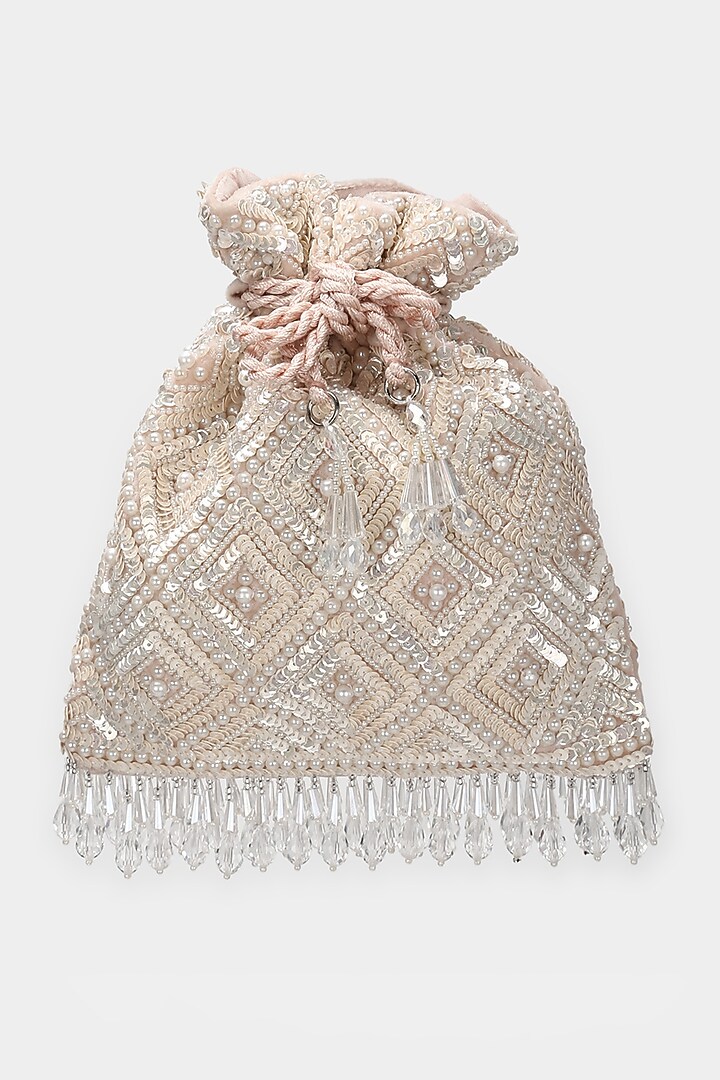 Ivory & Baby Pink Embroidered Potli by Aanchal Sayal at Pernia's Pop Up Shop