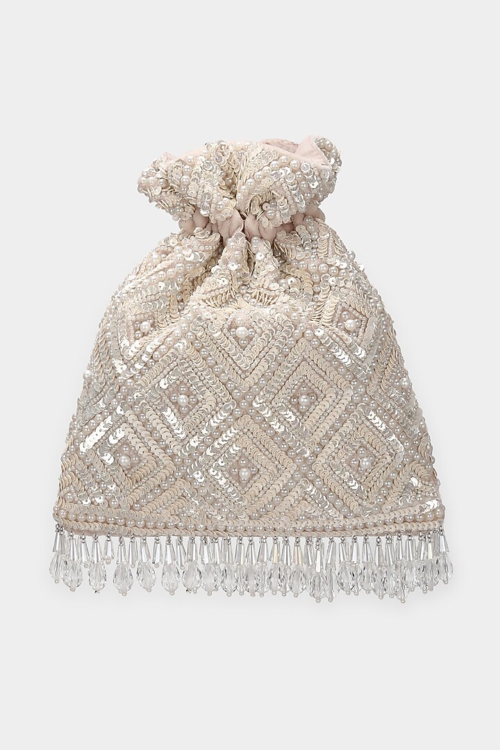 Ivory & Baby Pink Embroidered Potli by Aanchal Sayal at Pernia's Pop Up Shop