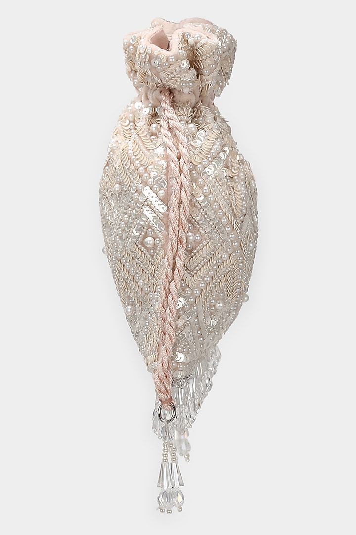Ivory & Baby Pink Embroidered Potli by Aanchal Sayal at Pernia's Pop Up Shop
