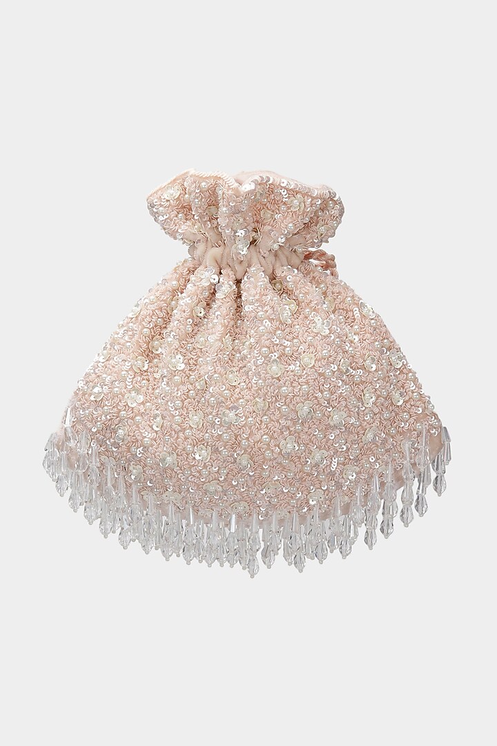 Baby Pink Embroidered Potli In Velvet by Aanchal Sayal at Pernia's Pop Up Shop