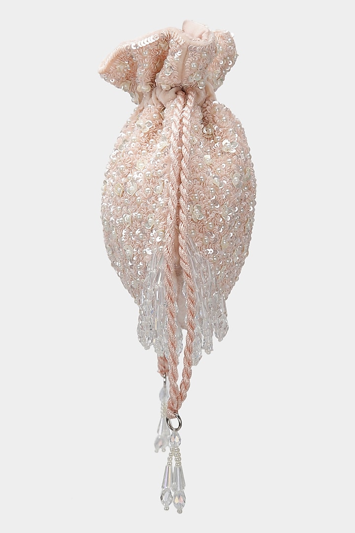 Baby Pink Embroidered Potli In Velvet by Aanchal Sayal at Pernia's Pop Up Shop