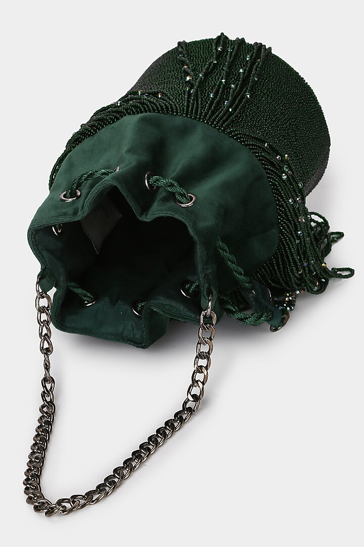 Emerald Green Hand Embroidered Bucket Bag by Aanchal Sayal at Pernia's Pop Up Shop