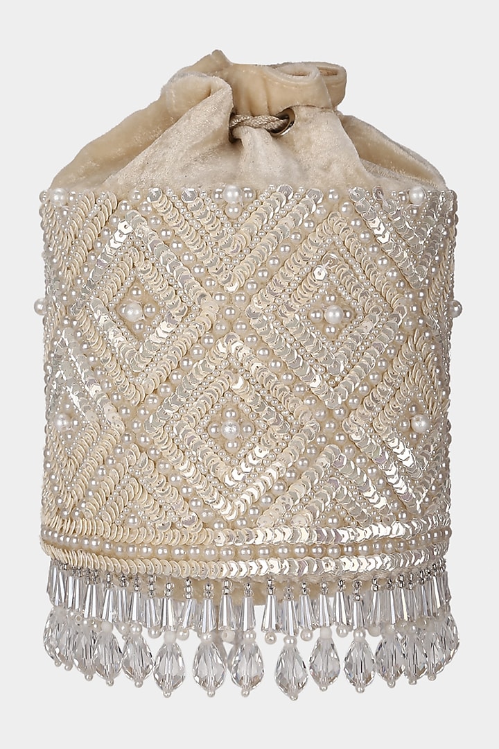 Beige Embroidered Bucket Bag by Aanchal Sayal at Pernia's Pop Up Shop