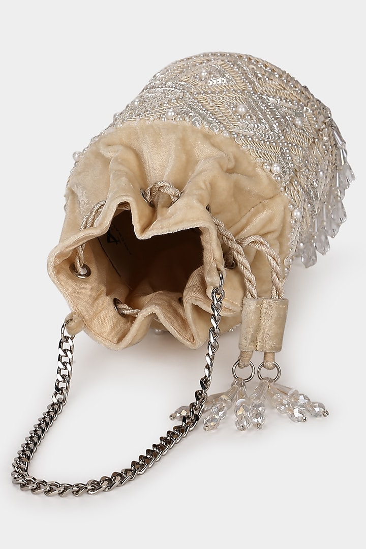 Beige Embroidered Bucket Bag by Aanchal Sayal at Pernia's Pop Up Shop