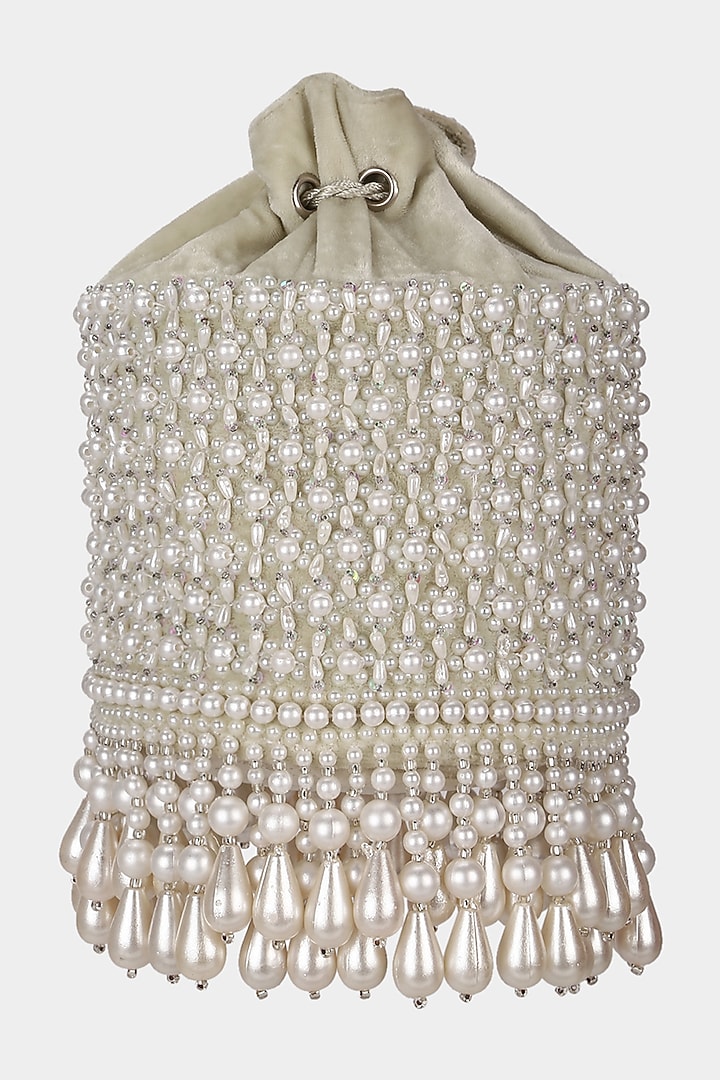 Beige Embroidered Bucket Bag by Aanchal Sayal at Pernia's Pop Up Shop
