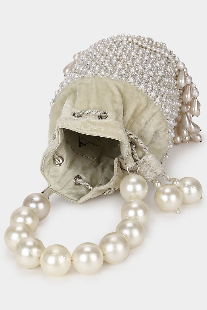 Beige Embroidered Bucket Bag by Aanchal Sayal at Pernia's Pop Up Shop